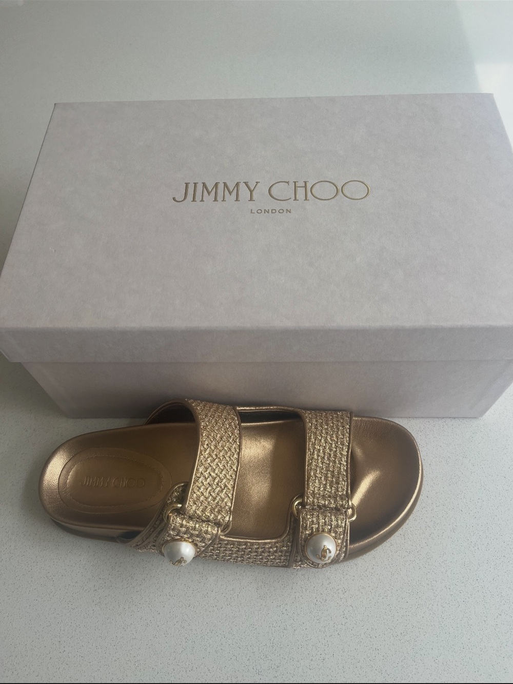 Jimmy Choo Fayence Woven Sandals EU 38
US 7 Gold BRAND NEW IN BOX